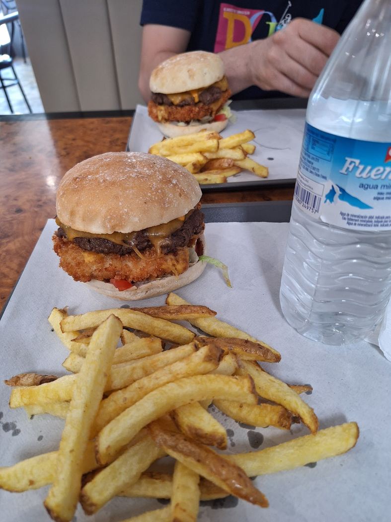 Hamburguesa de carne con queso y patatas fritas caseras